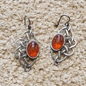 925 Stamped Sterling Silver and Amber or Orange Glass Celtic Knot Earrings
